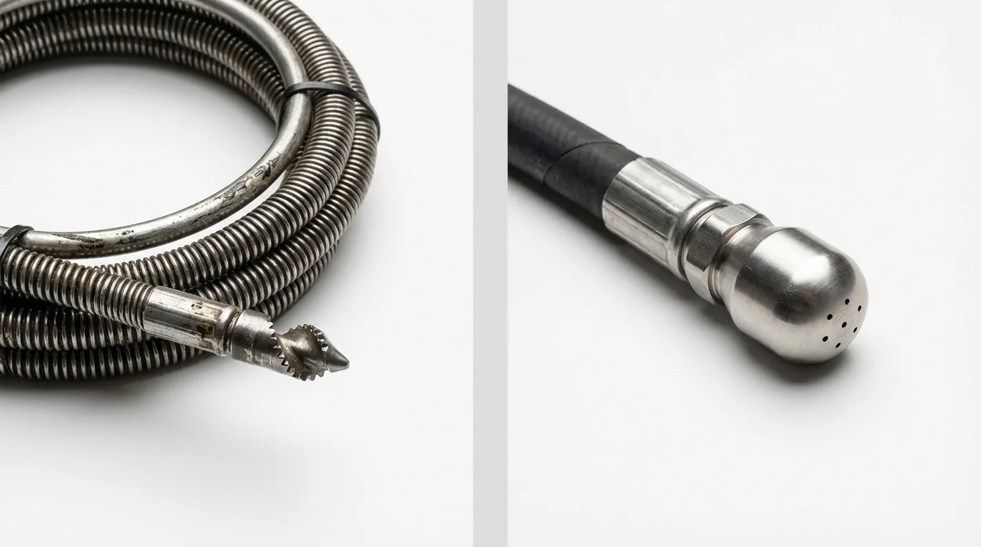 Drain snake cable and hydro jetting nozzle used for drain cleaning in Newport, IN
