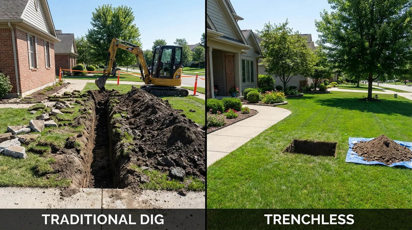 Trenchless sewer repair with minimal yard damage versus traditional excavation in Newport, IN
