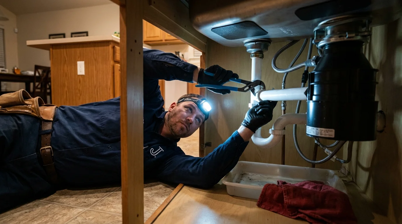 P-trap and supply line connections under a kitchen sink showing a common leak point in Newport, IN